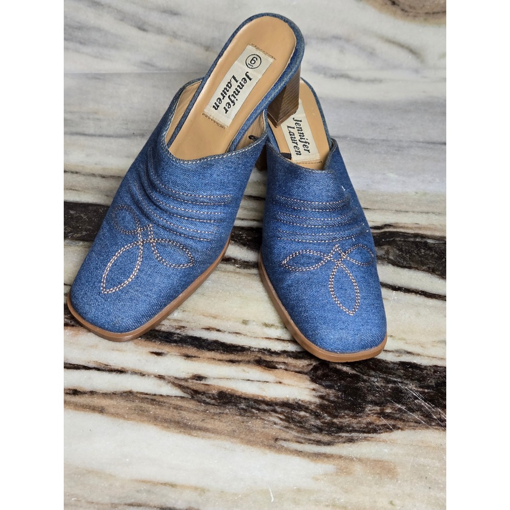 Jennifer Lauren Blue Denim Western Stitched Block Heel Mules Square Toe Size 6M
